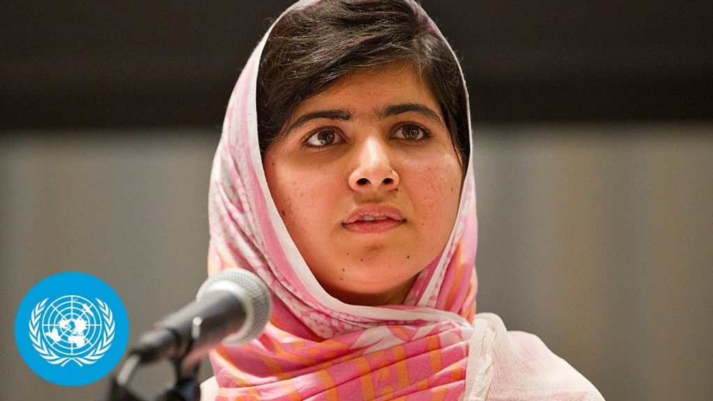 Malala Yousafzai gives a speech in front the the United Nations